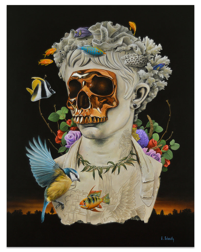 sculpture of human head with small gold skull mask on, fish floating around head of coral, flowers and foliage growing on back, blue and yellow bird in lower left corner