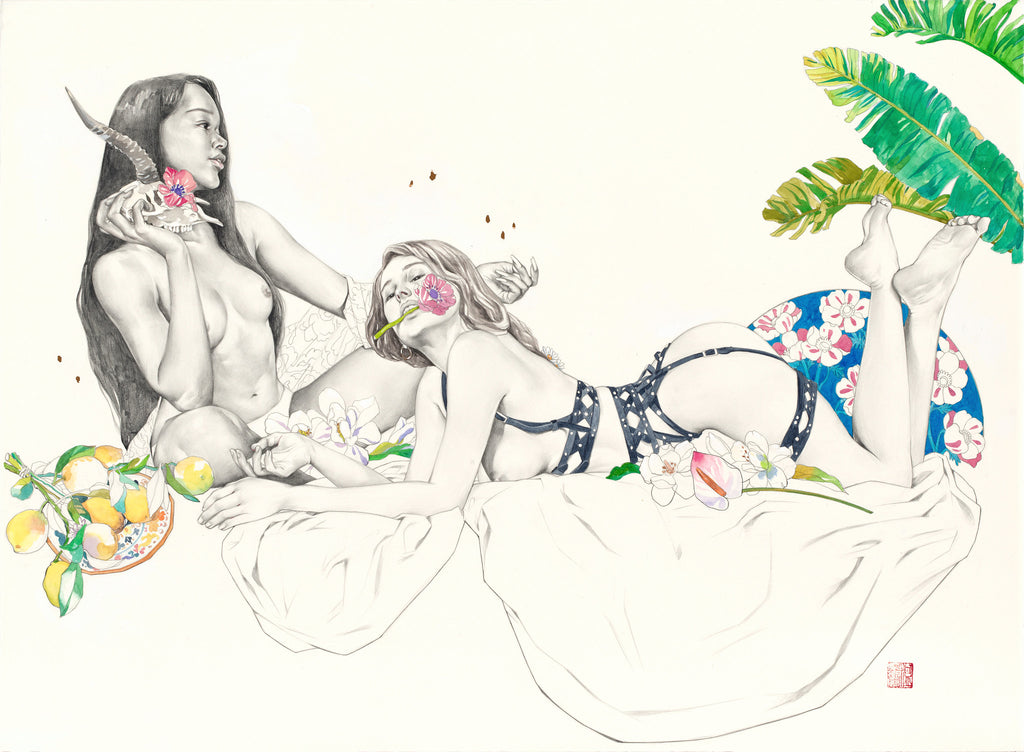 Illustration of 2 girls laying down with flowers around them by Helice Wen