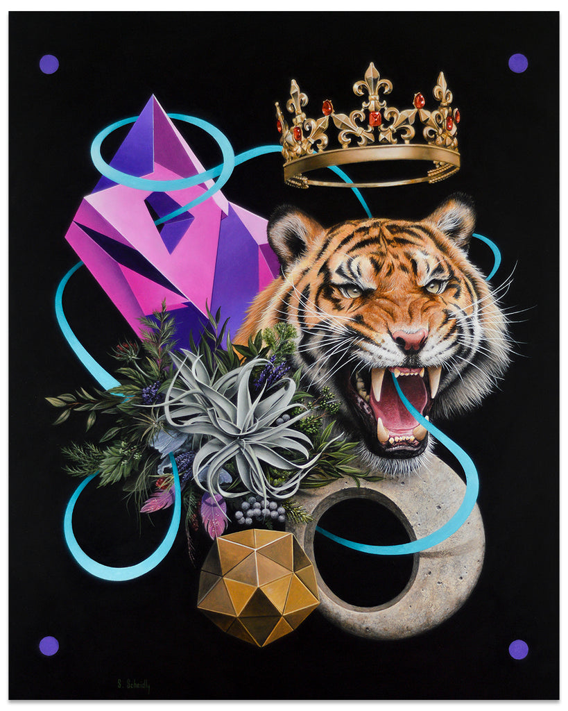 tiger with crown floating above head with foliage next to it, blue line floating around and through subjects, gold round prism in bottom center