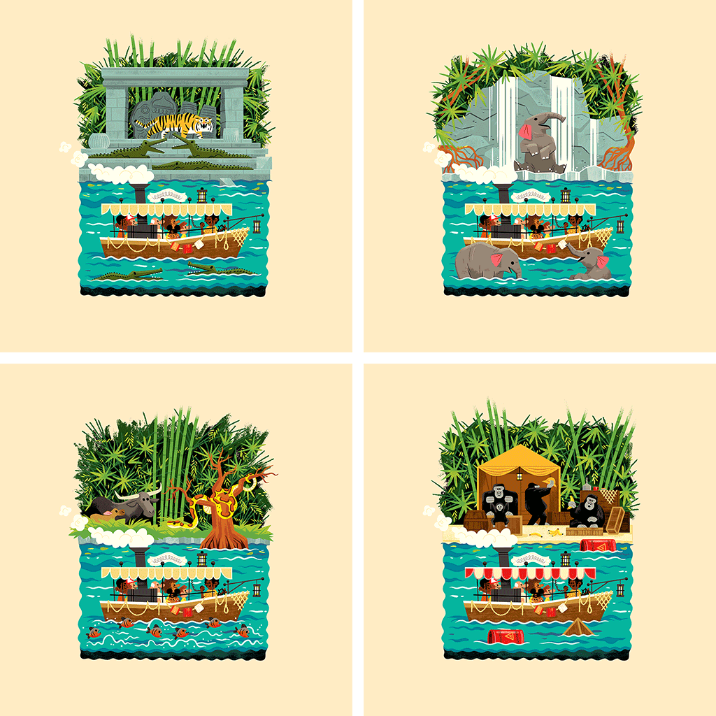 Andrew Kolb - set of four designs depicting scenes from the Jungle Cruise attraction