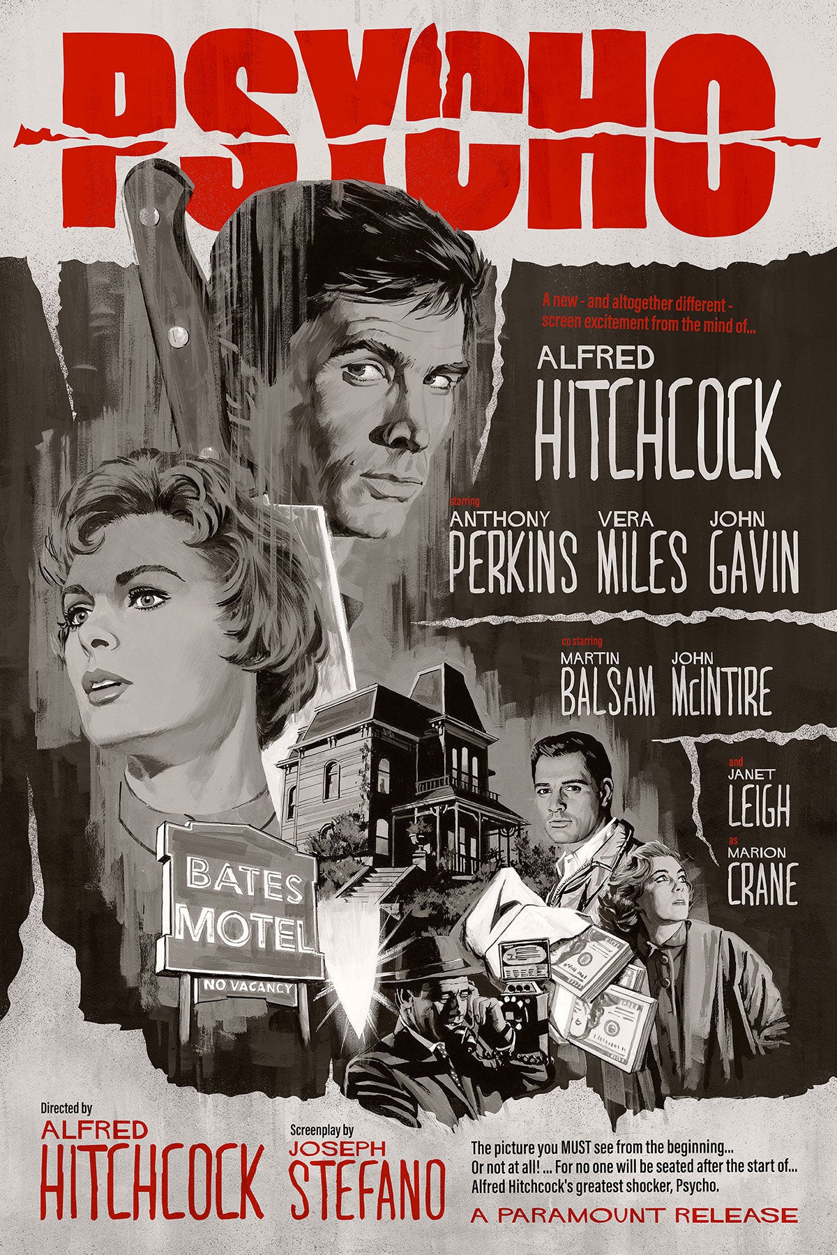 black and white movie poster for Psycho by Paul Mann