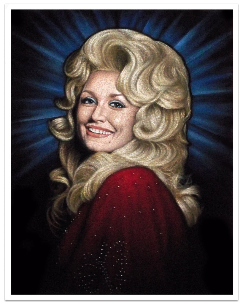 Bruce White portrait painting of Dolly Parton on black velvet