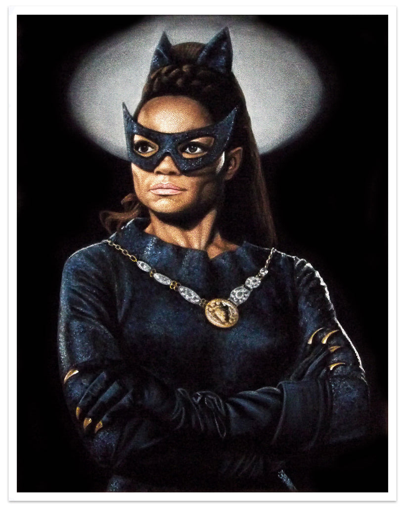 Bruce White portrait on velvet of Eartha Kitt as Catwoman