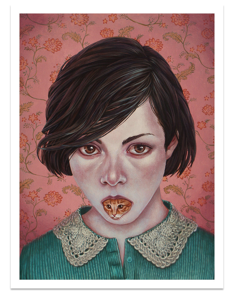 Casey Weldon's LOL archival pigment print woman's portrait with calico cat in mouth