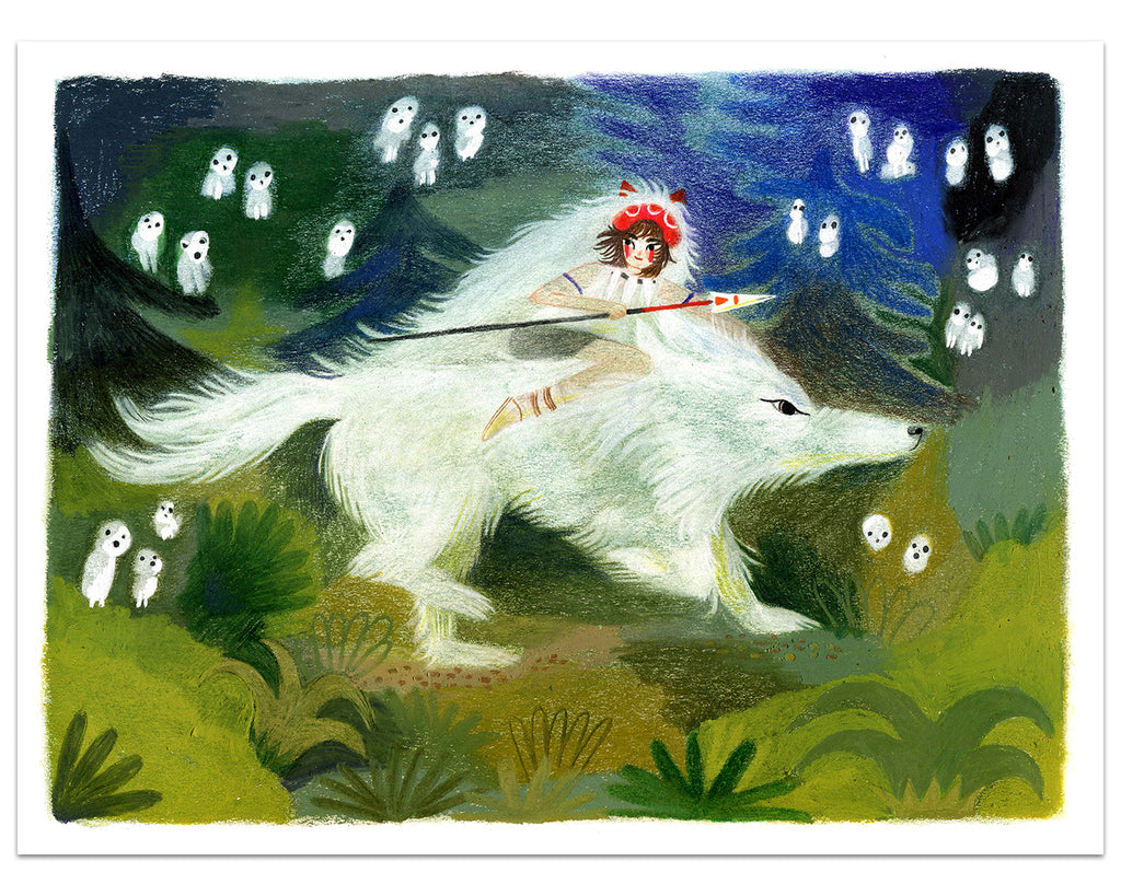 Chelsea O'Byrne - Princess Mononoke inspired artwork featuring Mononoke with spear on white wolf