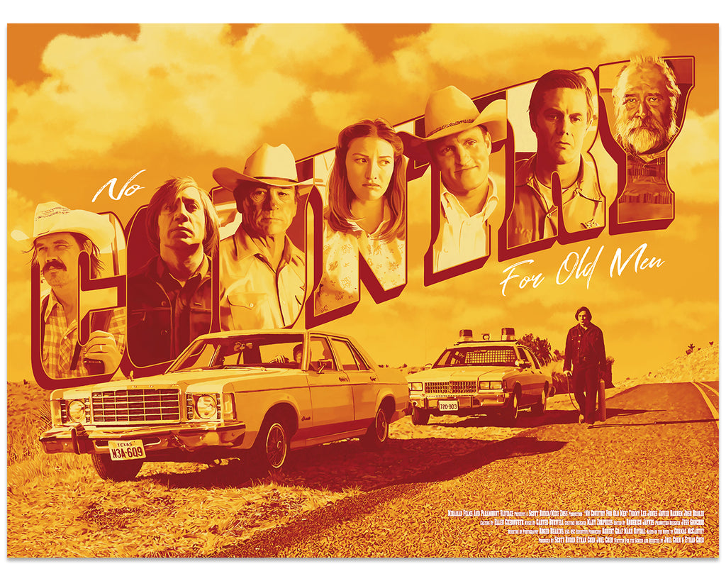 Dakota Randall - artwork showing characters from No Country For Old Men contained within letters C O U N T R Y, large classic sedan with male driver below