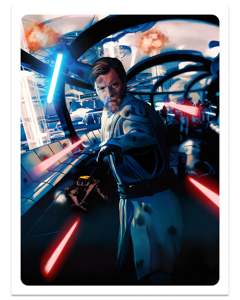 Dakota Randall Obi-Wan escaping an attack holding blue lightsaber with explosions in background