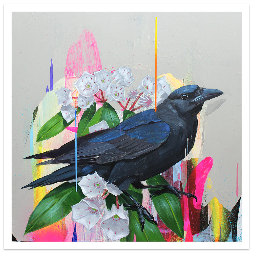 Frank Gonzales - Opera d'arte omaggio con uccello nero seduto su fogliame dai colori vivaci