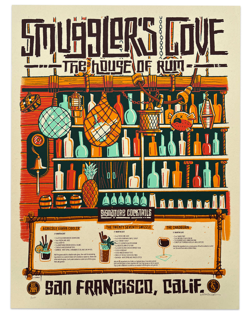 Ian Glaubinger's Smuggler's Cove screen print featuring bottles of rum and three drink recipes for the iconic San Francisco tiki bar