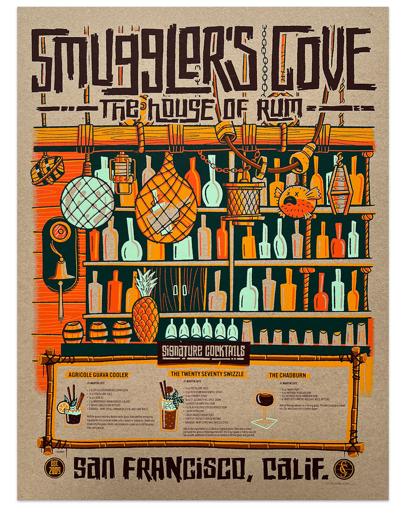 Ian Glaubinger's Smuggler's Cove screen print featuring bottles of rum and three drink recipes for the iconic San Francisco tiki bar