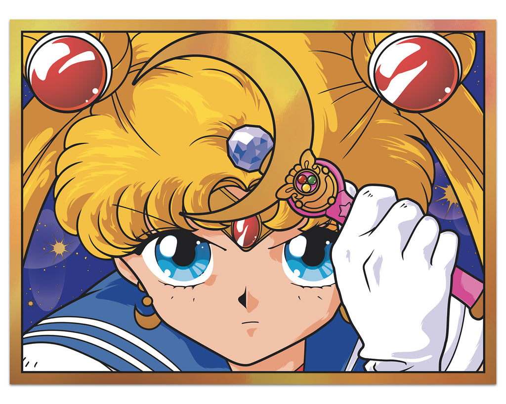 Joshua Budich - close up of Sailor Moon's face with moon shaped wand in front