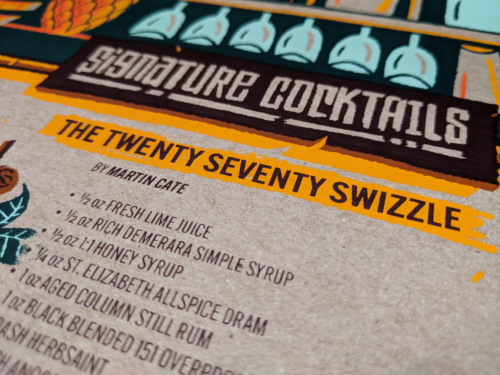 Close up of Ian Glaubinger's Smuggler's Cove screen print featuring the twenty seventy swizzle drink recipe