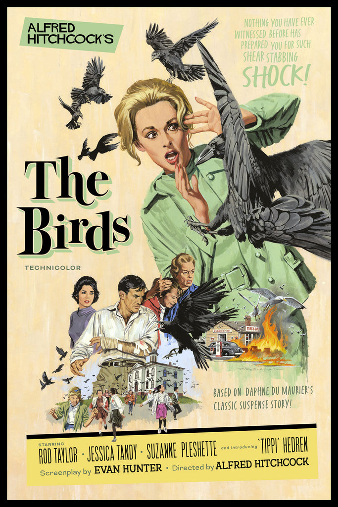 An illustrated movie poster for The Birds by Alfred Hitchcock featuring original art by Paul Mann.