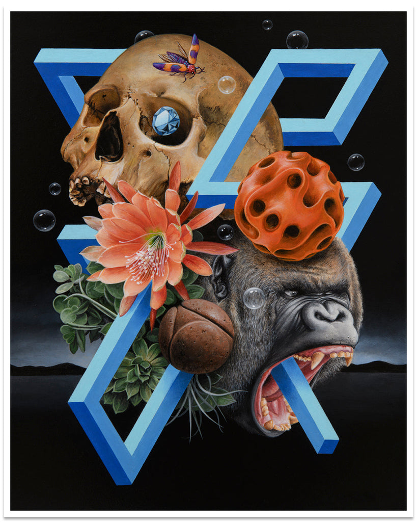 limited edition print of Scott Scheidly's Entanglement 17 featuring a skull in top left and gorilla on bottom right with various flowers and flora between, blue line dissects and wraps image