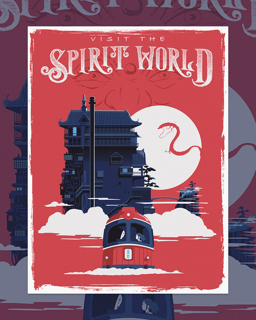 Steve Thomas' "Visit the Spirit World" artwork featuring the bathhouse, train and characters from Spirited Away