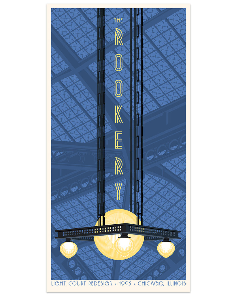 Print of the inside of a building with a glass ceiling and a large chandelier with 3 round light bulbs. The words " The Rookery" are written in the center of the print in yellow.