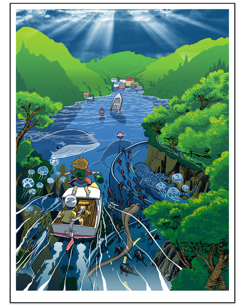 Tim Doyle screen print artwork of Ponyo and characters from the film on a river with lush greenery on both sides