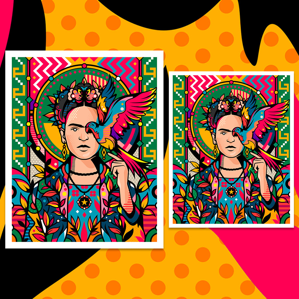 Frida Kahlo portrait in pop colors with left arm raised with parrot balancing on finger on colorful geometric background in two sizes
