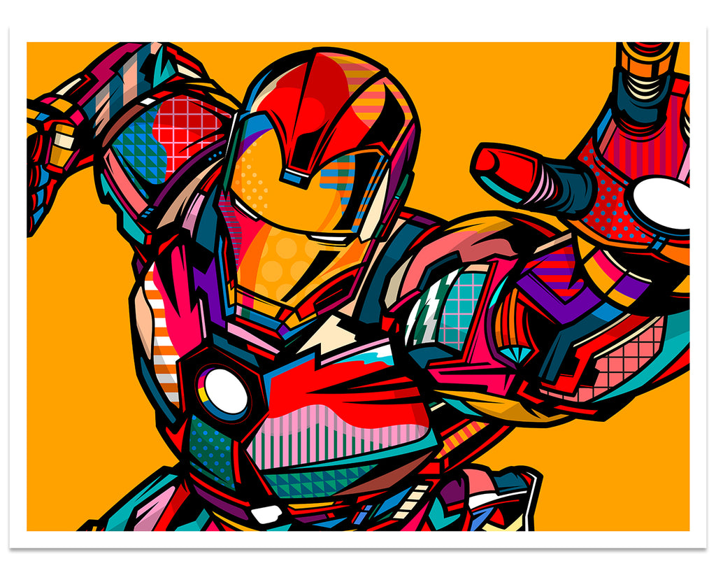 Van Orton Design - brightly colored Iron Man in attack pose with left hand palm facing forward