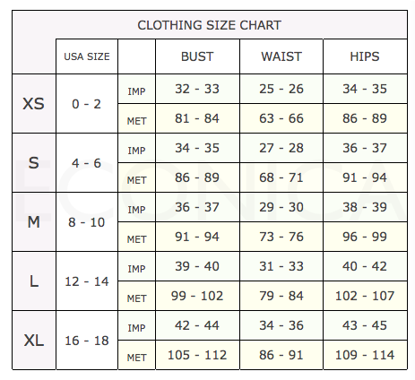 Christin Clothing Size Chart