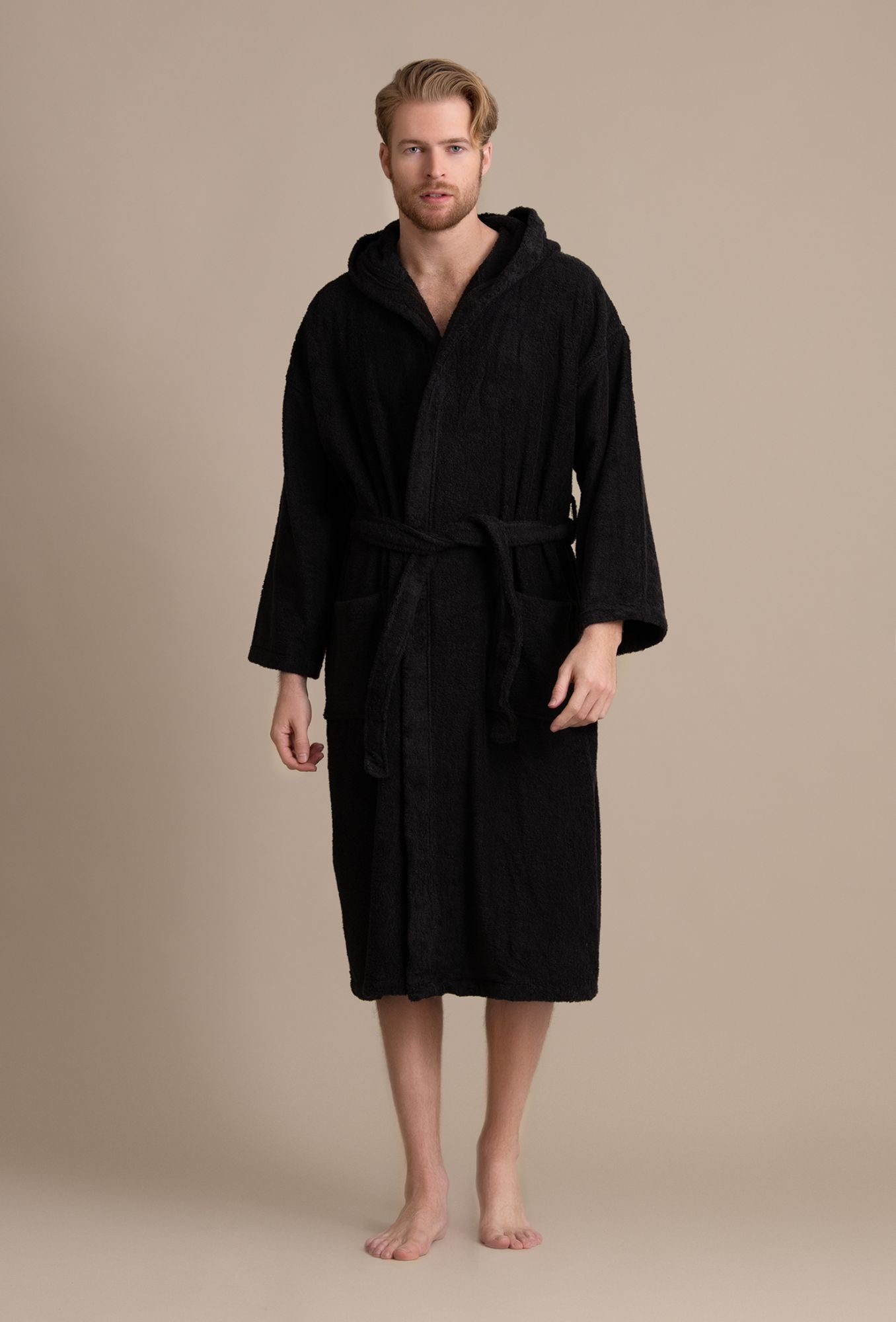 Men's Hooded Robe, Turkish Cotton Terry Hooded Spa Black Bathrobe ...