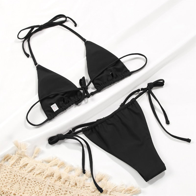 Sexy Bikini Solid Swimsuit Tanga Biquini Micro Bikini Set Hollow Out S ...