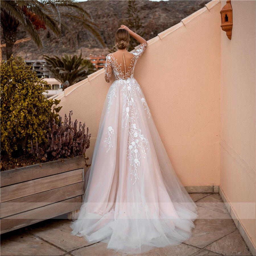 Pearl Beaded Lace Applique Tulle Bohemian A-line Wedding Dresses