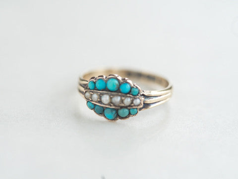 Victorian Etruscan Revival Seed Pearl and Turquoise Ring