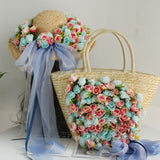 Beige / Pink / Teal Handmade Floral Bohemian Straw Panama Hat & Hand Tote Bag