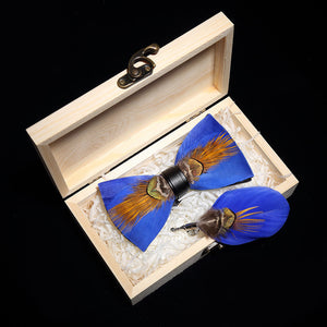 Blue / Brown Luxury Natural Feather Leather Bow Tie / Brooch Lapel Pin Set