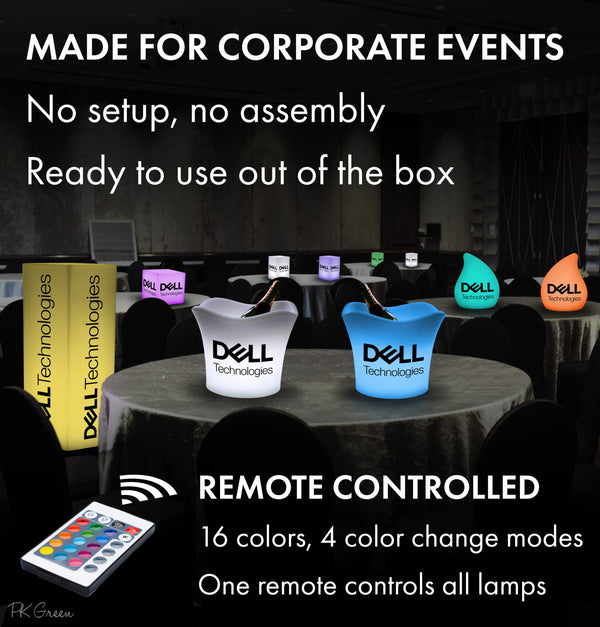 Our lights and centerpieces are made for corporate events. No assembly is required. They are remote controlled, with 16 color options.