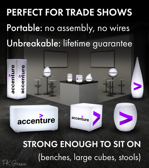 Our branded items are popular for trade shows and exhibitions. Our larger cubes and benches are strong enough to sit on.