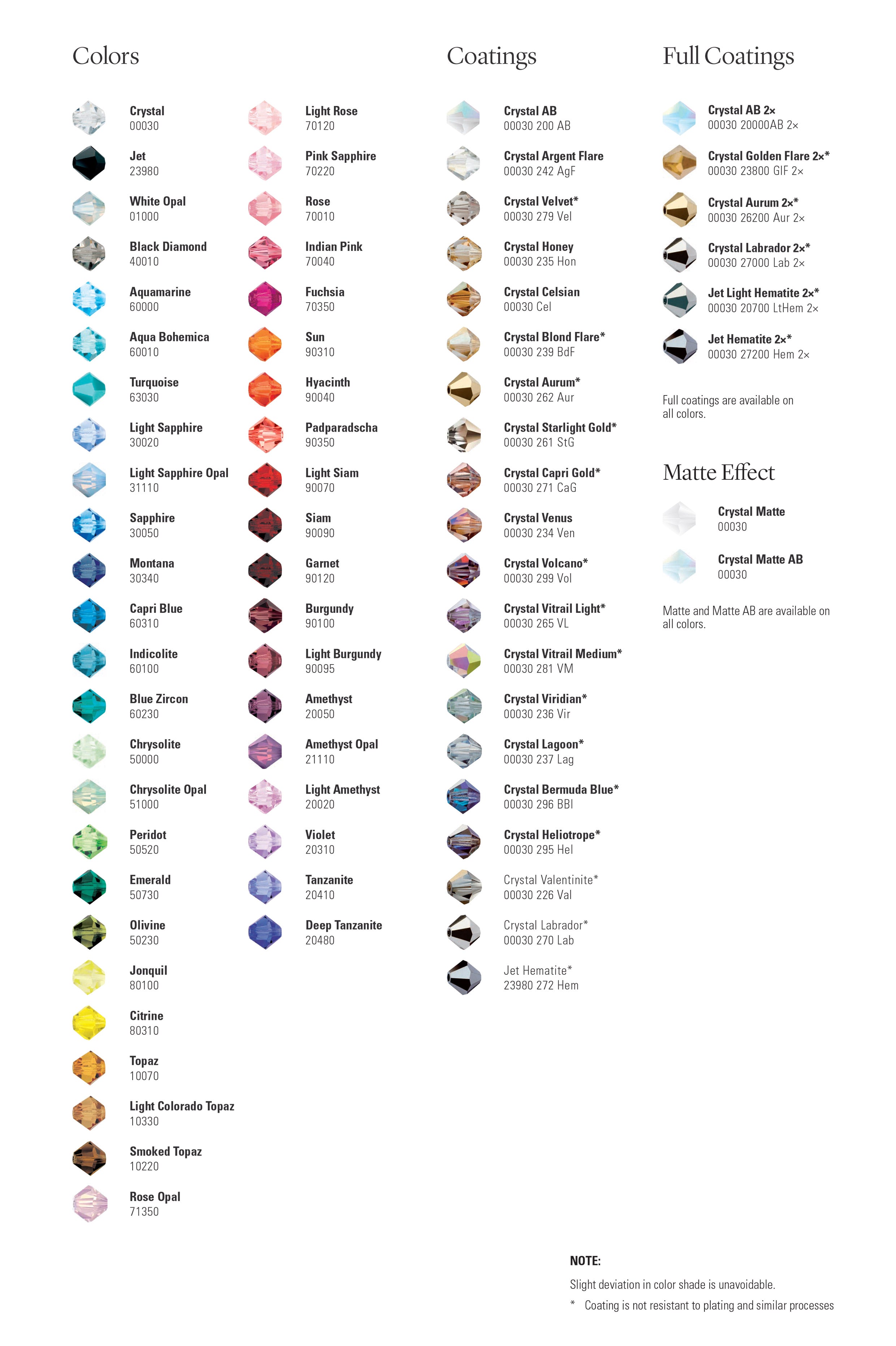 Preciosa Crystal Color Chart - Visual