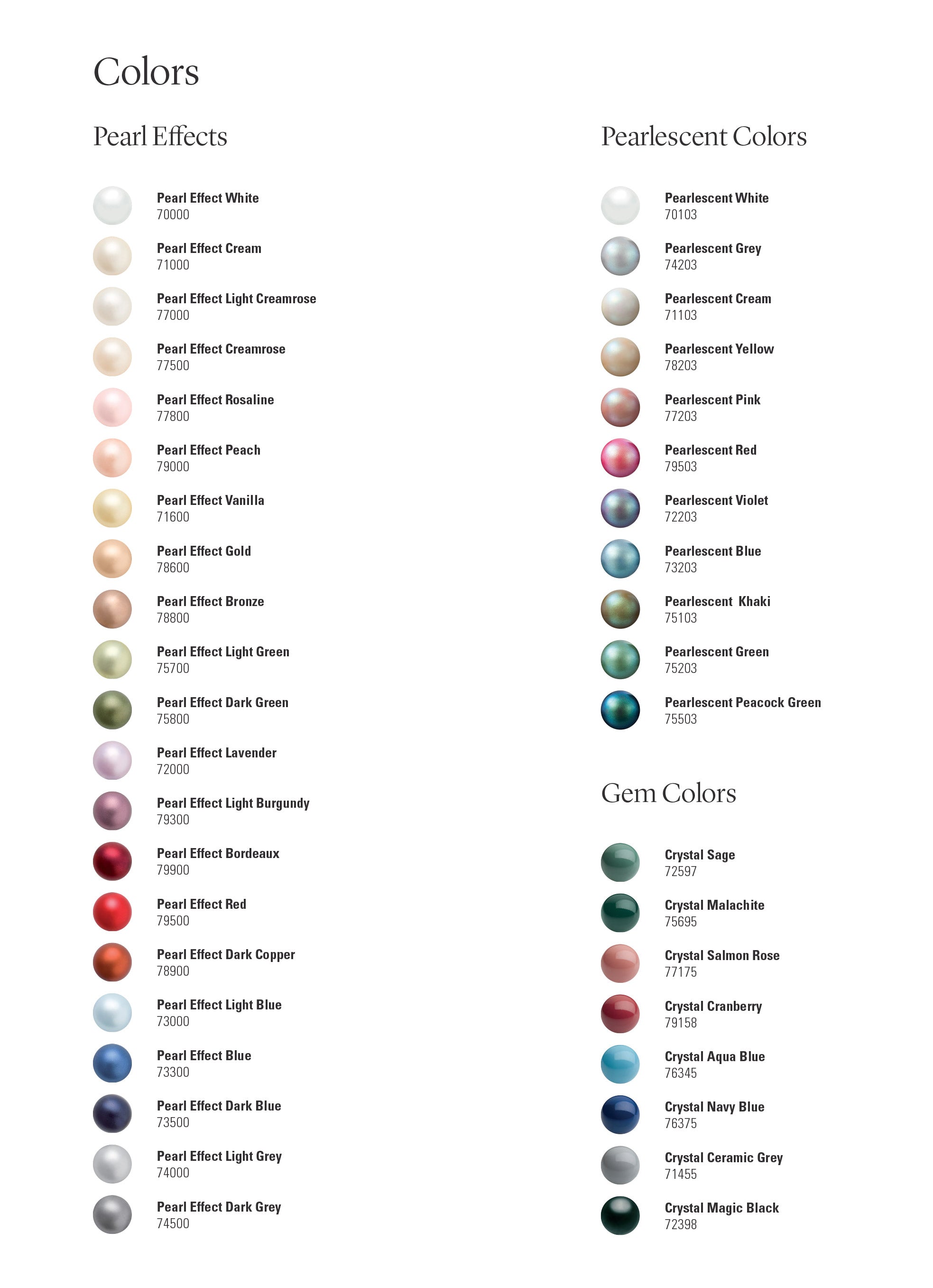 Preciosa Nacre Pearl Color Chart by Color