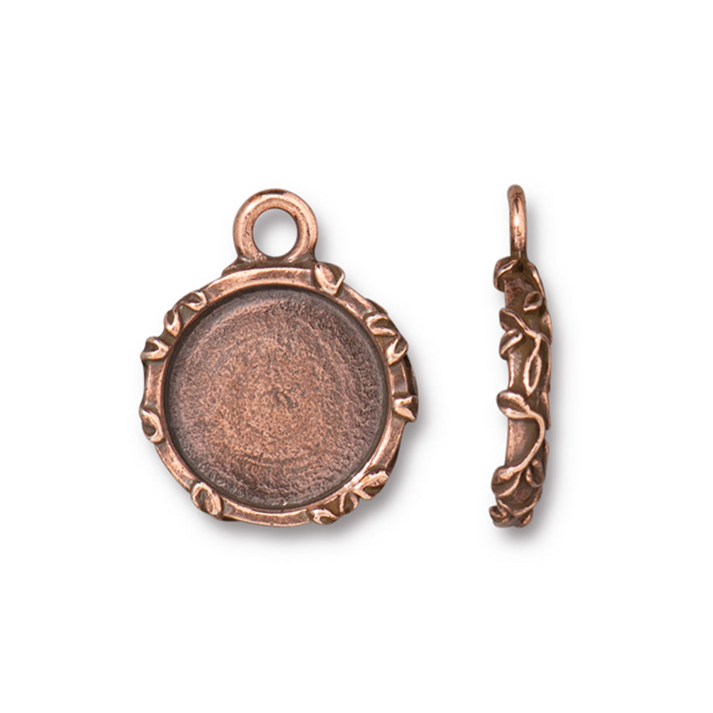 Bezel Pendant, Leaf Motif with 1/2 Inch Bezel, Antiqued Copper Plated, by TierraCast (1 Piece)