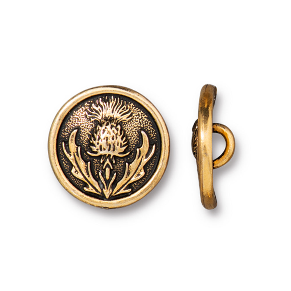 Button, Thistle 14.5mm, Antiqued Gold Plated, by TierraCast (1 Piece)