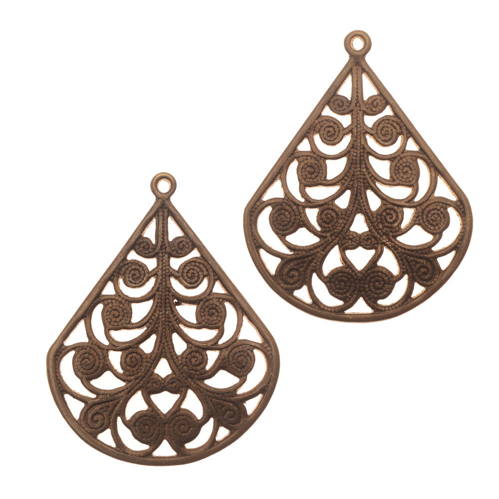 Vintaj Natural Brass, Flourished Filigree Fan Pendant 28.5x22mm (2 Pieces)