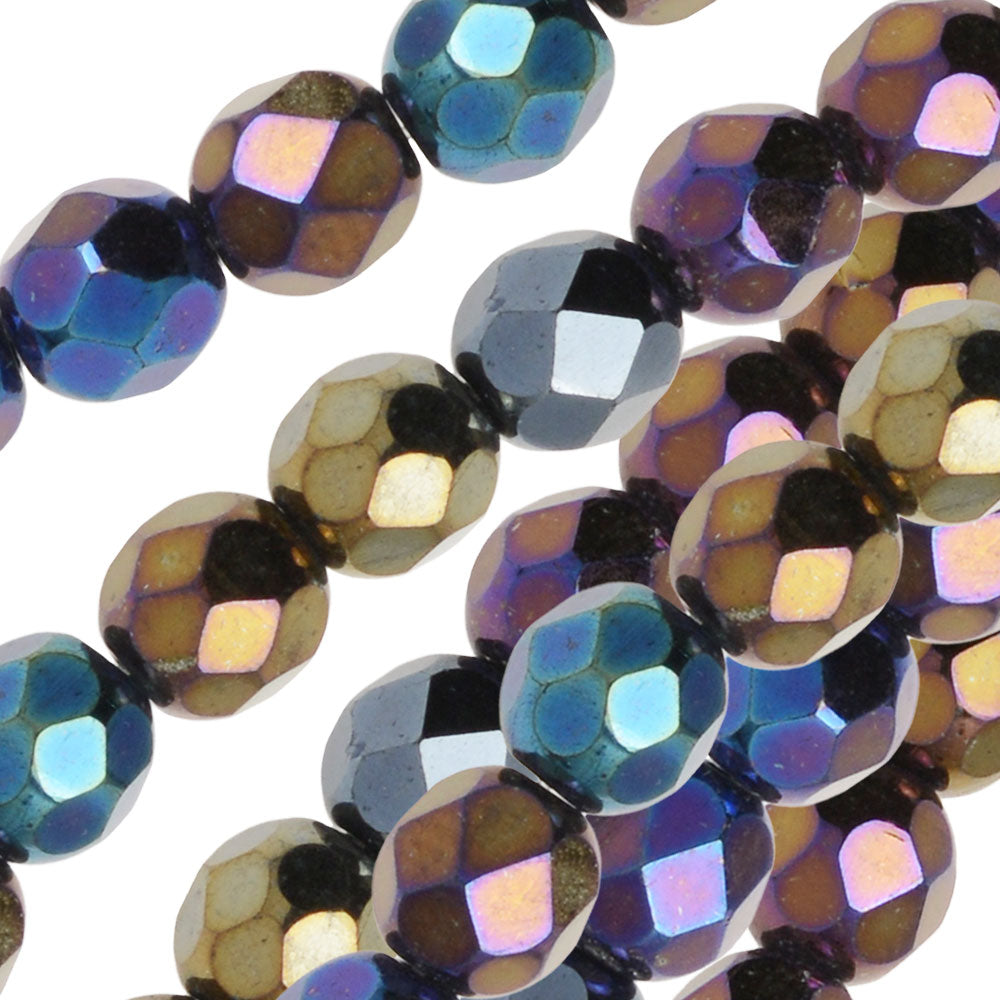 Czech Fire Polished Glass Beads, Round 6mm, Jet Rainbow Iris (25 Pieces)