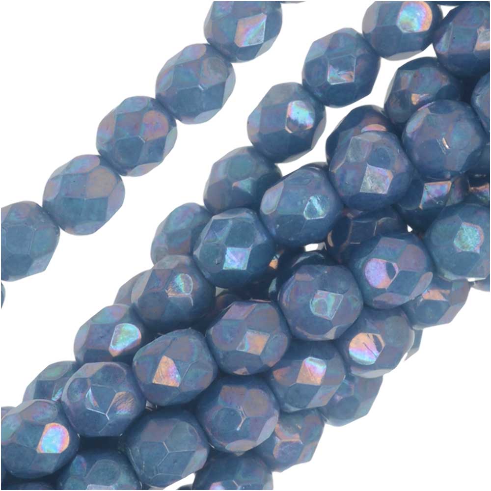 Czech Fire Polished Glass, Faceted Round Beads 4mm, Blue Turquoise Nebula (40 Pieces)