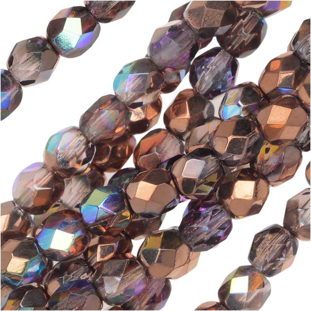 Czech Fire Polished Glass, Faceted Round Beads 4mm, Light Amethyst Copper Rainbow (50 Pieces)