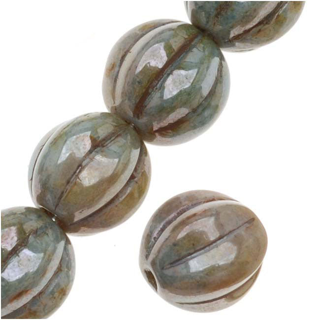 Czech Glass - Round Melon Beads 8mm Diameter Opaque Green Luster (1 Strand)