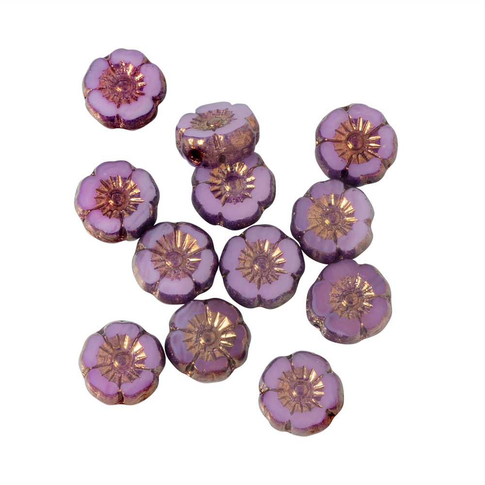 Czech Glass Beads, Hibiscus Flower 9mm, Pink Opaline, Bronze Finish, by Raven's Journey (1 Strand)