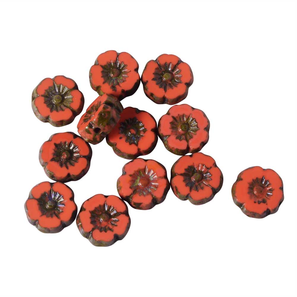 Czech Glass Beads, Hibiscus Flower 9mm, Red Coral Opaque, Picasso Finish, 1 Str, by Raven's Journey