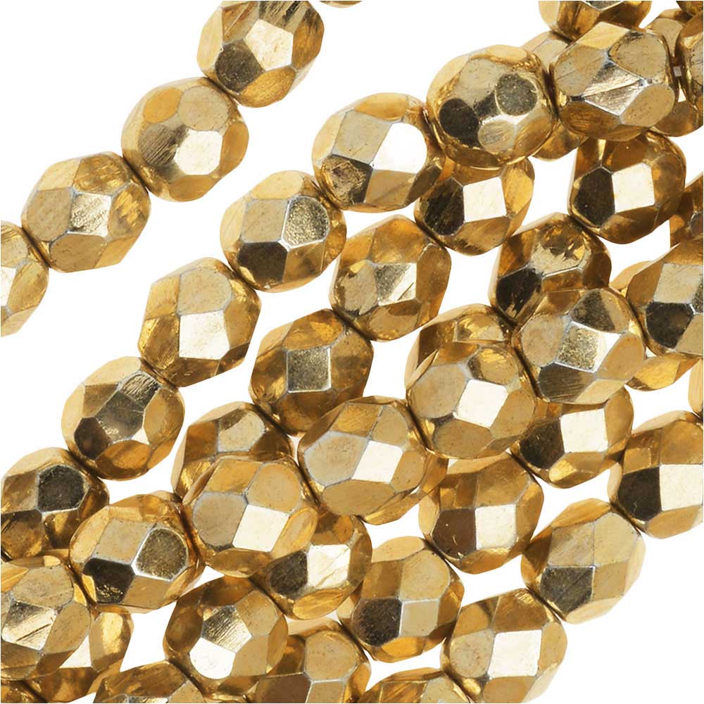 Czech Fire Polished Glass Beads, 6mm Round, Aurum Gold, (1 Strand)