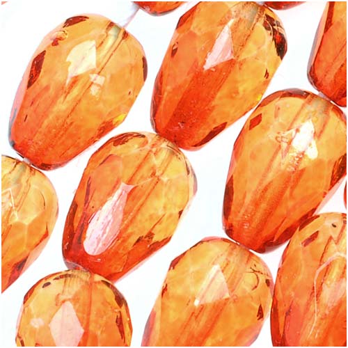 Czech Fire Polished Glass Two Toned Beads 10 x 7mm Teardrop Orange Yellow (25 pcs)