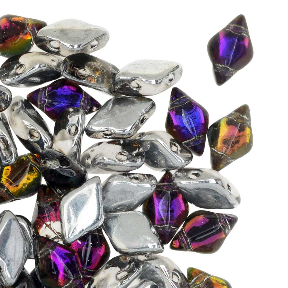 Czech Glass GemDuo, 2-Hole Diamond Shaped Beads 8x5mm, Backlit Purple Haze (8 Grams)