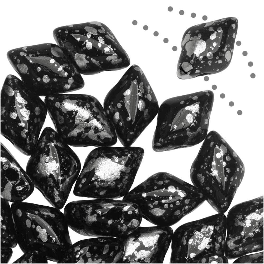 Czech Glass GemDuo, 2-Hole Diamond Shaped Beads 8x5mm, Silver Splash Jet (8 Grams)