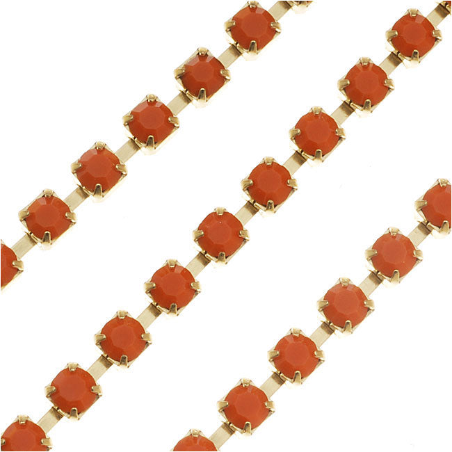 Preciosa Czech Crystal Rhinestone Cup Chain, 18PP, Coral Orange/Brass, by the Foot