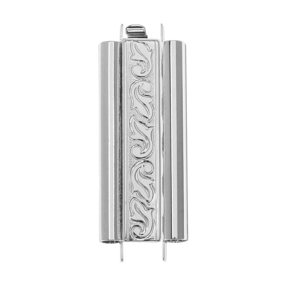 Elegant Elements Beadslides, Seed Bead Slide Tube Clasp Swirling Leaves 29x10mm, Rhodium Plated