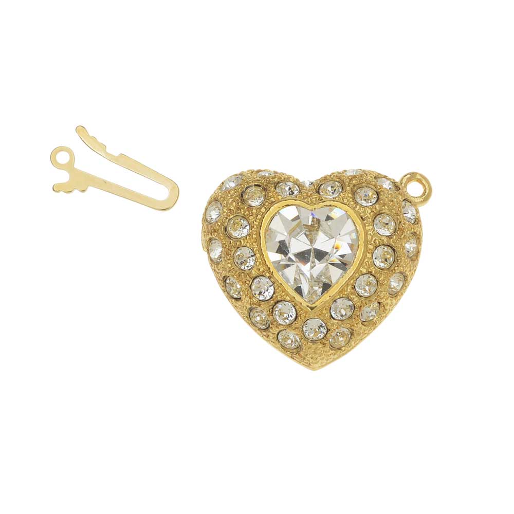 Elegant Elements, 1-Strand Heart Shaped Box Clasp with Crystals 22mm, 1 Clasp, Gold Plated